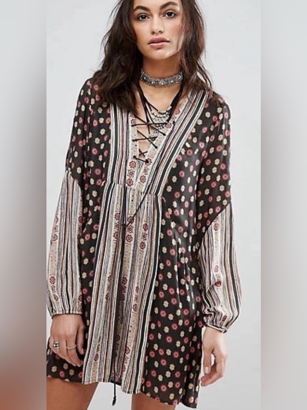 Free People Rain or Shine Bohemian Brown Pink Floral Mini Dress Tunic Medium